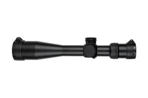 A black rifle scope with lens covers, adjustment knobs, and a honeycomb filter isolate on white background. Left photo