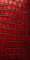 High-definition view of red crocodile leather, emphasizing its fine details and polished, lustrous texture. photo