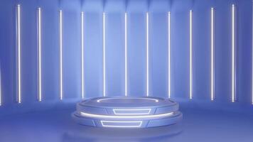 Blue luxury podium pedestal product display and blue box background studio with white light glow 3d rendering video