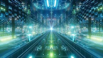 A sci-fi style tunnel with mechanical elevators and bright neon lights moving in a seamless loop. video