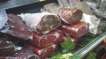 Exploring diverse meats at a local butcher shop in the market video