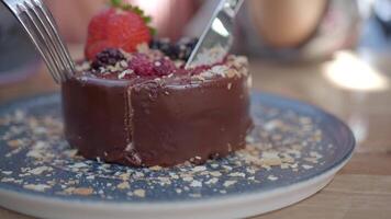 Chocolate cake with fresh berries and nuts served at a cafe video