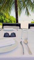 sunglasses on the dining table in a restaurant on the shore of the island of Maldives, The amazing wild beach of the island of Maldives in the Indian Ocean, Palm shadow on the white sand video