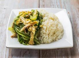 Shredded Chicken Rice with savory sauce, sesame seeds and cilantro served in plate on Wood Table Close up Side view of Hong Kong food photo
