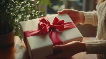 A womans hands holding a beautifully wrapped present with a red ribbon, prepared in a home environment. Ideal for content related to special occasions, home celebrations, or personal gifts photo