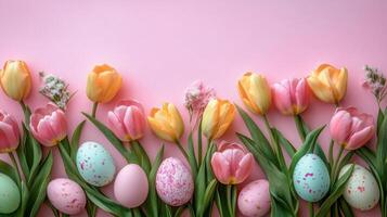 Pastel tulips and colorful Easter eggs on a light pink background, perfect for spring marketing, Easter-themed products, or holiday invitations and promotions. photo