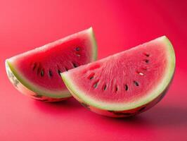 A close-up of a watermelon slice on a striking red backdrop, showcasing its fresh, juicy texture. Ideal for promoting healthy eating, seasonal fruit, or refreshing summer treats. photo