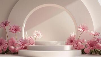 A stylish composition featuring a podium adorned with beautiful pink flowers, set against a light background, ideal for use in event promotions, product showcases, or minimalist design concepts. photo