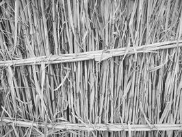 A black and white photo of a wall made of straw