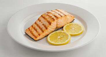 Grilled Salmon Fillet with Fresh Lemon Slices on White Plate photo