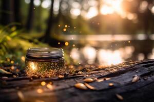 A jar of fireflies on a log in the woods photo