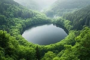 A circular lake surrounded by trees in the middle of a forest photo