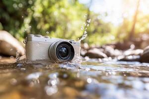 A camera is submerged in water on a river photo