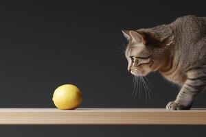 A cat is looking at a lemon on a table photo