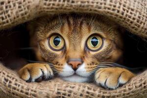 A cat peeking out from a burlap bag photo