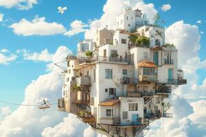 A floating house in the sky with birds flying around photo