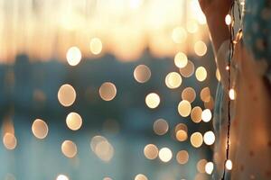 A person is standing in front of a window with lights photo