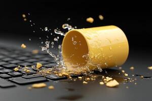 A yellow cup is splashing water on a keyboard photo