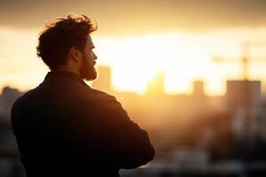 A man with a beard stands in front of a city skyline photo