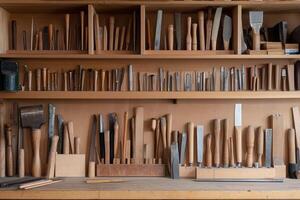 A wooden workbench with many different tools on it photo