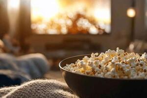 A bowl of popcorn sits on a table in front of a fireplace photo
