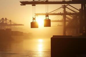 A view of a harbor with cranes and containers photo