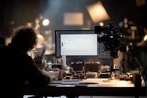 A man sitting at a desk with a computer and a camera photo