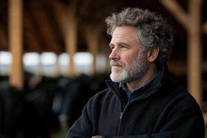 A man with a beard and a black jacket standing in front of a barn photo