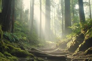 A trail in the forest with sunlight shining through the trees photo