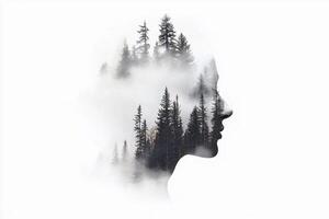 A double exposure of a person's head with trees in the background photo