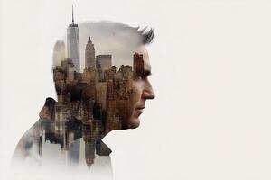 A man is looking at the city skyline from the side photo