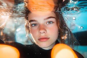 A young woman is underwater with bubbles around her photo