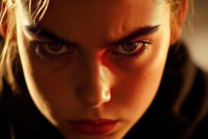 A woman with a red eye staring at the camera photo