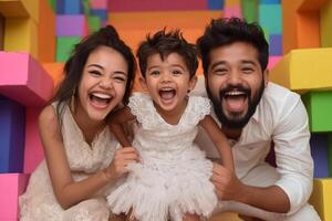 A family of three posing for a picture in front of colorful blocks photo
