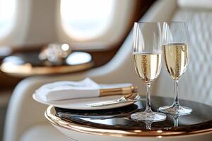Two champagne flutes on a table in an airplane photo