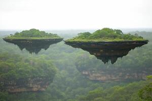 Two floating islands in the middle of a forest photo