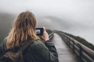 Woman taking photo of mountains on a foggy day