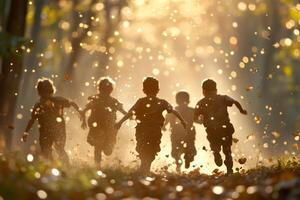 Children running in the forest with leaves falling photo