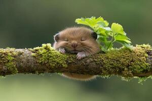 A small hamster sleeping on a branch photo