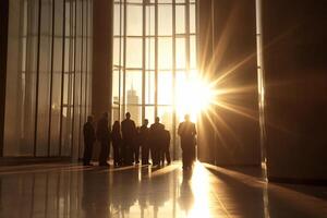 Silhouettes of business people standing in front of large windows photo