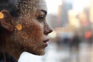 A woman with a face made of digital code photo
