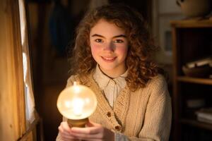 A girl holding a light bulb in front of a window photo