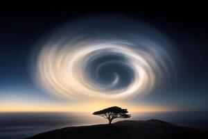 A lone tree stands in front of a spiral shaped cloud photo