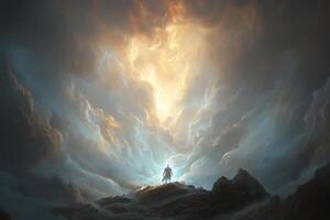 A man standing on top of a mountain with a bright light coming from the sky photo