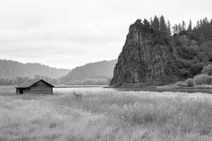 A black and white photo of a cabin in the middle of a field