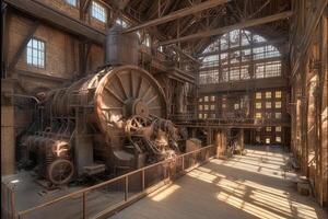 An old steam engine is in a large building photo