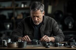 A man working on a camera in his workshop photo