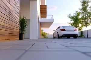 A car is parked in front of a house photo