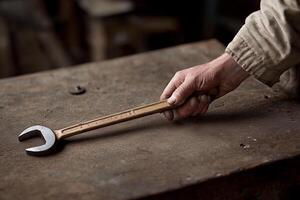 A person holding a wrench on a table photo