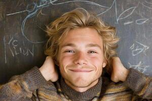 A young man is smiling while holding his head up photo